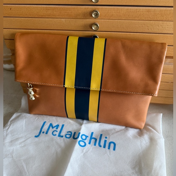 J. McLaughlin Leather Fold-Over Clutch Bag w/Navy & Yellow Stripe Brown Leather